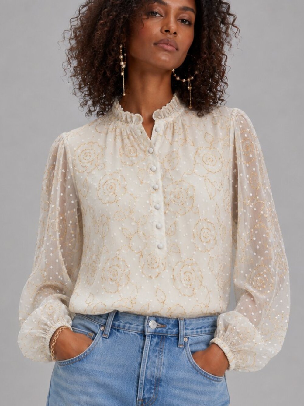 Autres Filles Sheer Embroidered Swiss Dot Blouse